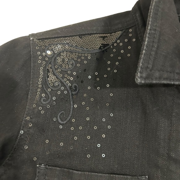 Chico’s Platinum Black Denim Embroidered Sequined Jacket Size 0 XS - Picture 3 of 14